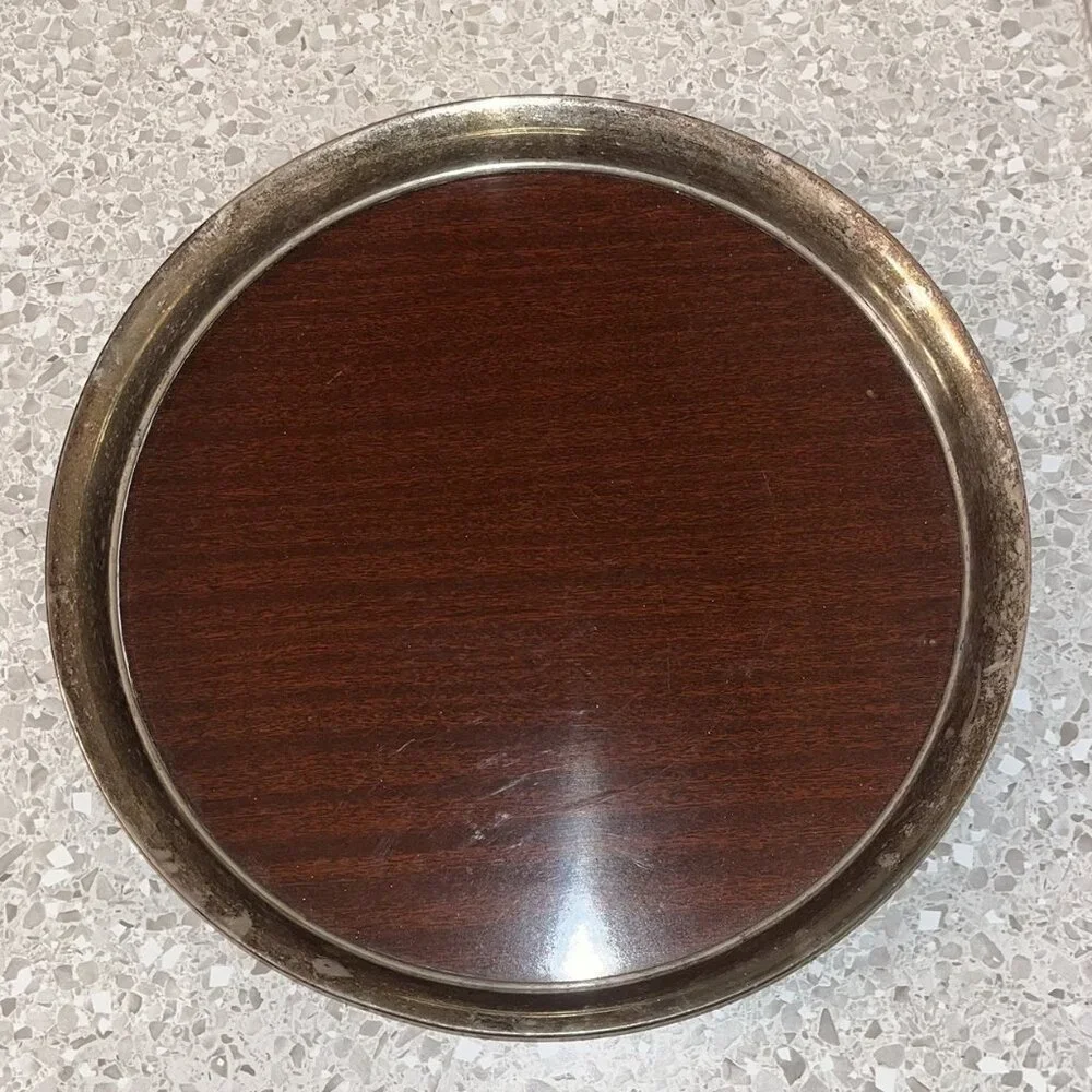 Round Serving Cocktail Tray Formica Wood Grain Set of 2 MCM Vintage Cresent & ? - Picture 4 of 12